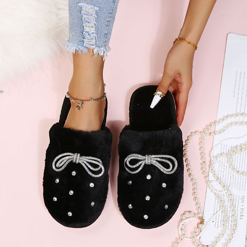 Rhinestone bow slippers women's 2024 new korean style closed-toe fuzzy slippers trendy autumn/winter indoor/outdoor cotton slippers