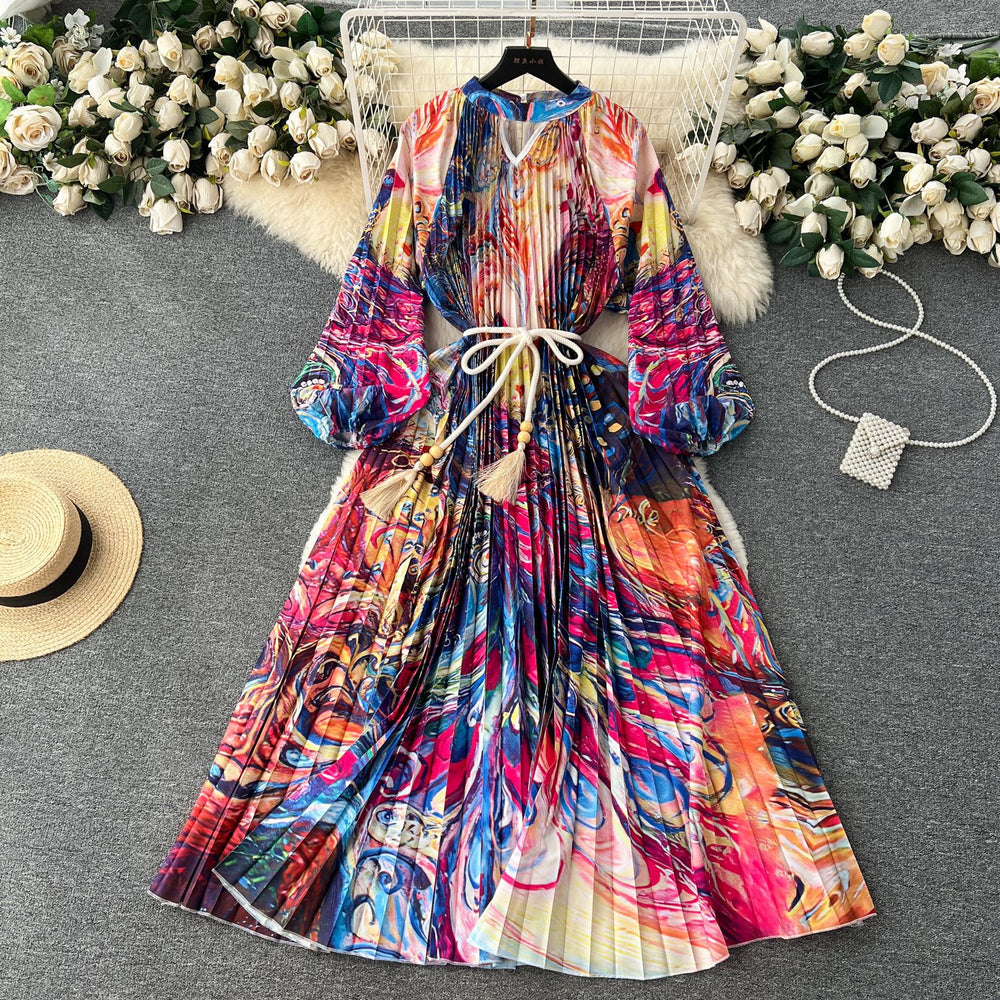 Elegant and chic printed dress for women - summer bubble sleeve tie-waist design, unique and flowy fairy dress