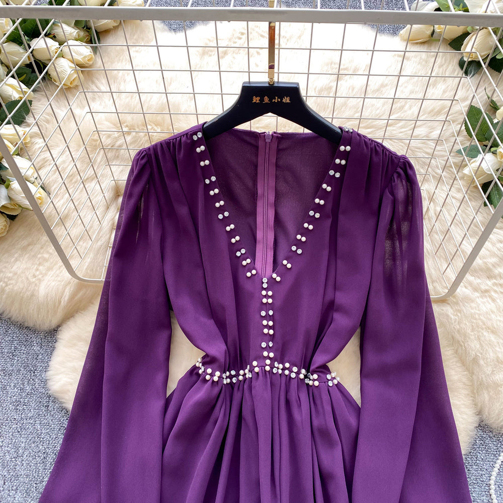 K-style heavy industry beading sexy pure desire dress women's summer purple v neck waist slimming lookelegant long skirt work clothing