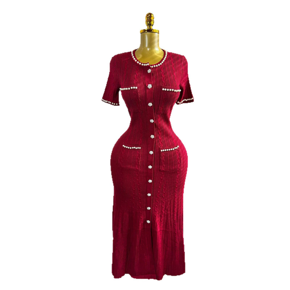 Export women's french tweed style elegance celebrity silm short-sleeved knittingdress beaded fishtail mid-length skirt