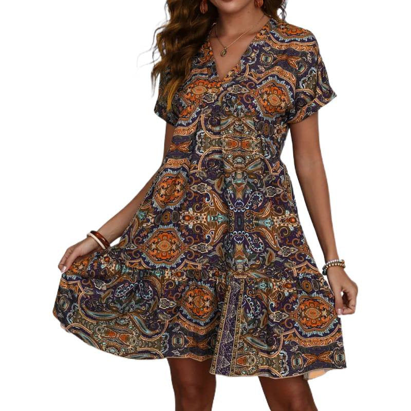 Shipped: new european and american cross-border women's printed casual v-neck dress - floral print, perfect for vacation, ideal for independent e-commerce stores