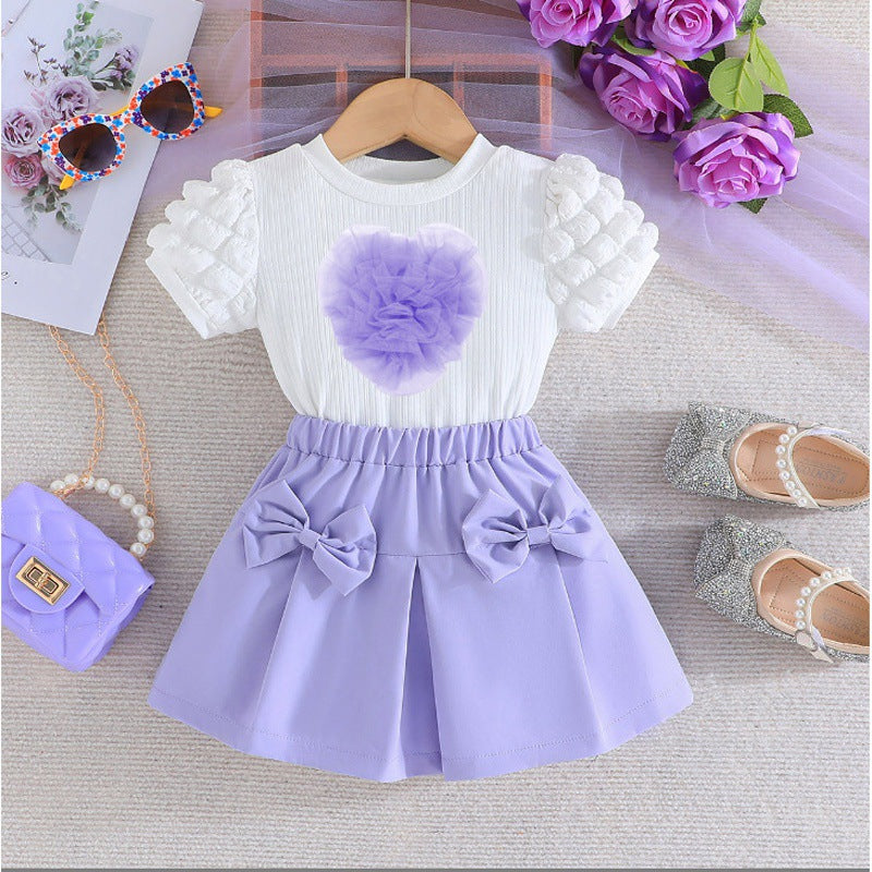 new european and american style girls' bubble sleeve top with heart-shaped bowknot skirt set - fashionable outfit