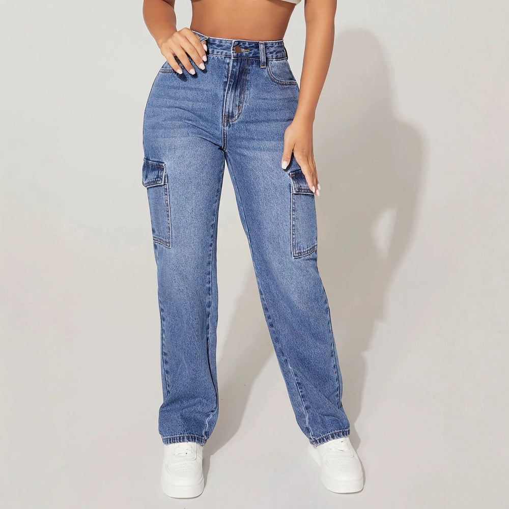 European and american style women's washed high-waisted cargo jeans - american multi-pocket straight-leg denim pants