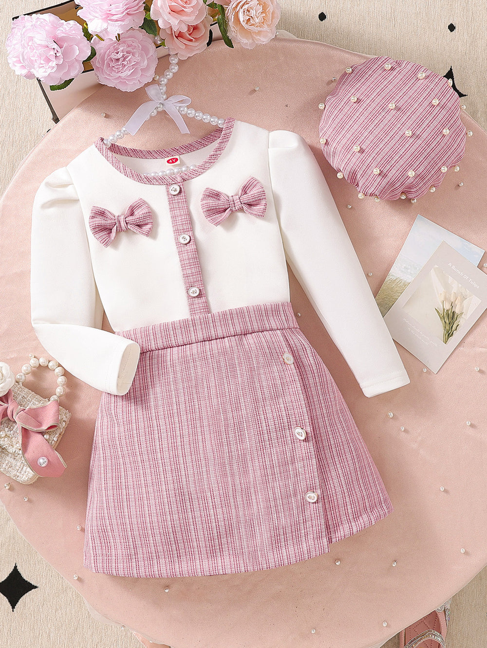 chic spring/autumn new korean style girls' chanel-inspired dress set - pink cute mini skirt three-piece outfit