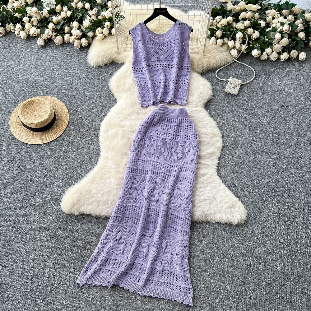 Korean sweet age reduction cut out crochet knittingtops women's high waist tight hip cover skirt summer clothes elegantsuit