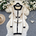 Frenchclassy small fragrant fashionablecontrast color square collar pearl button silmdress women's waist bag hip knitting skirt