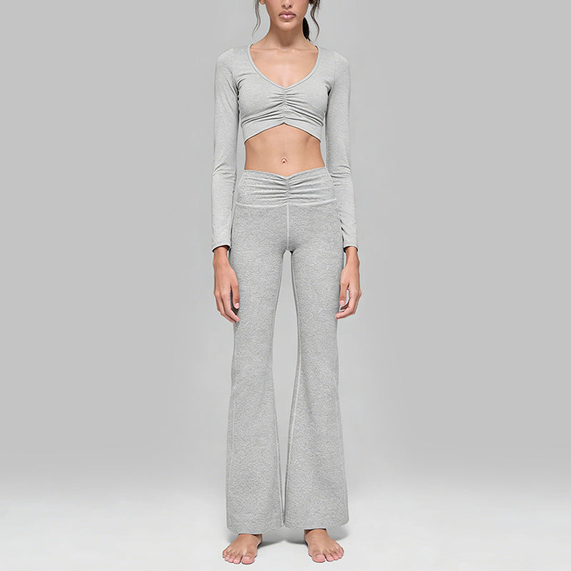 New arrival cationic high elastic yoga suit shirred drapedloose loose wide leg pants sports long sleevestops women