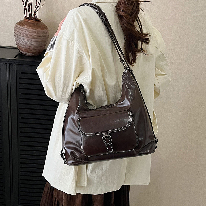 retro work clothing soft leather women's bag classy large capacity shoulder bag maillard style multifunctional backpack women