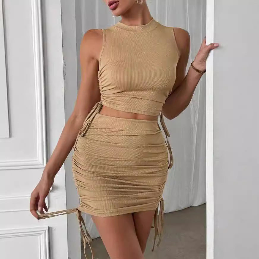 European and american cross-border summer  new women's solid color crew neck sexy fashion slim fit ruched sleeveless women's set
