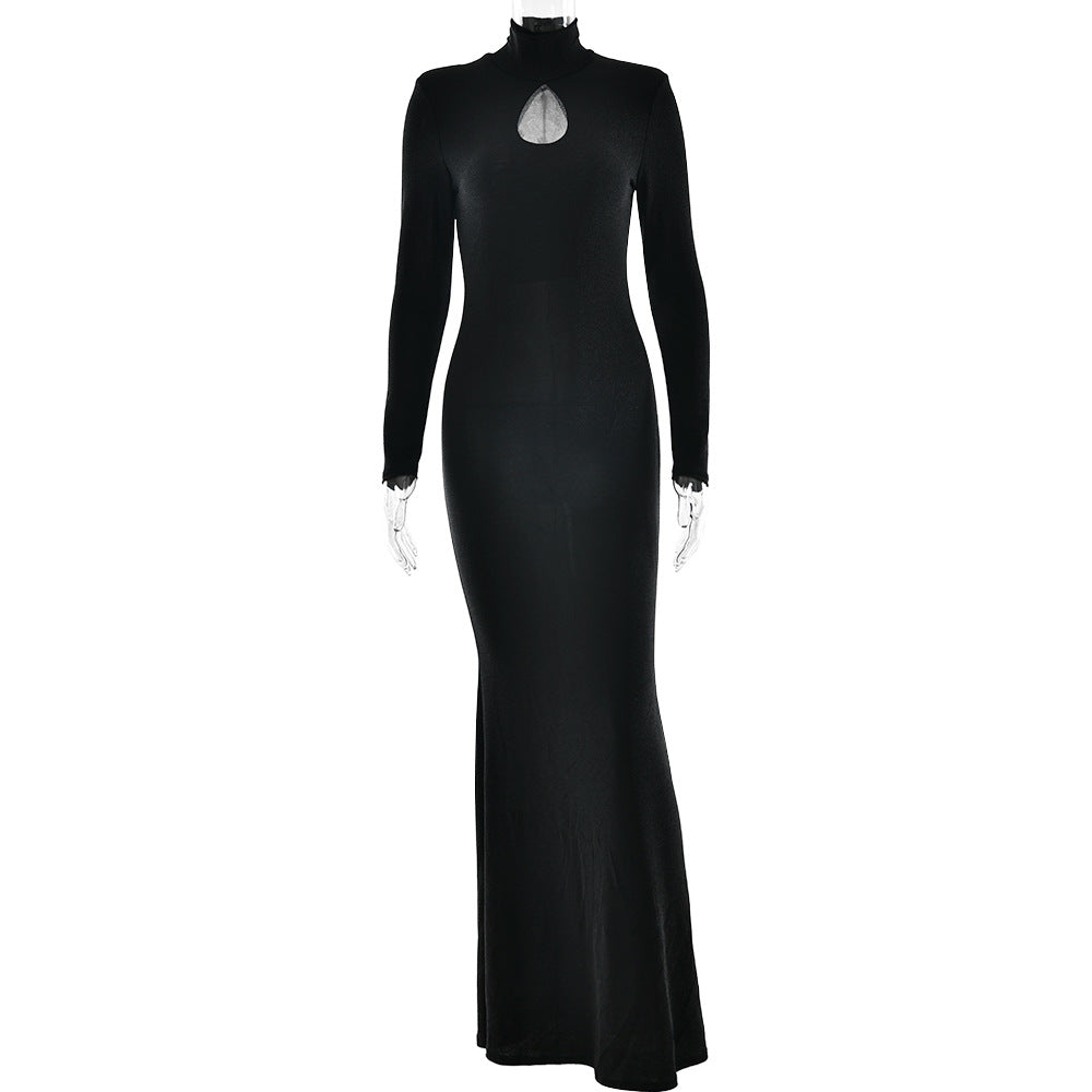 European and American  new women's elegant turtleneck fishtail dress  sexy round neck long-sleeved tight dress