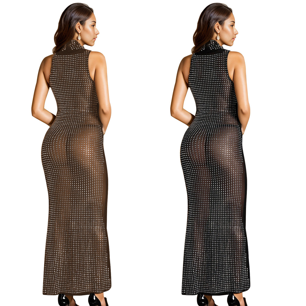 C7077 cross-border   independent station fashionable women's hot diamond v neck sleeveless dress length