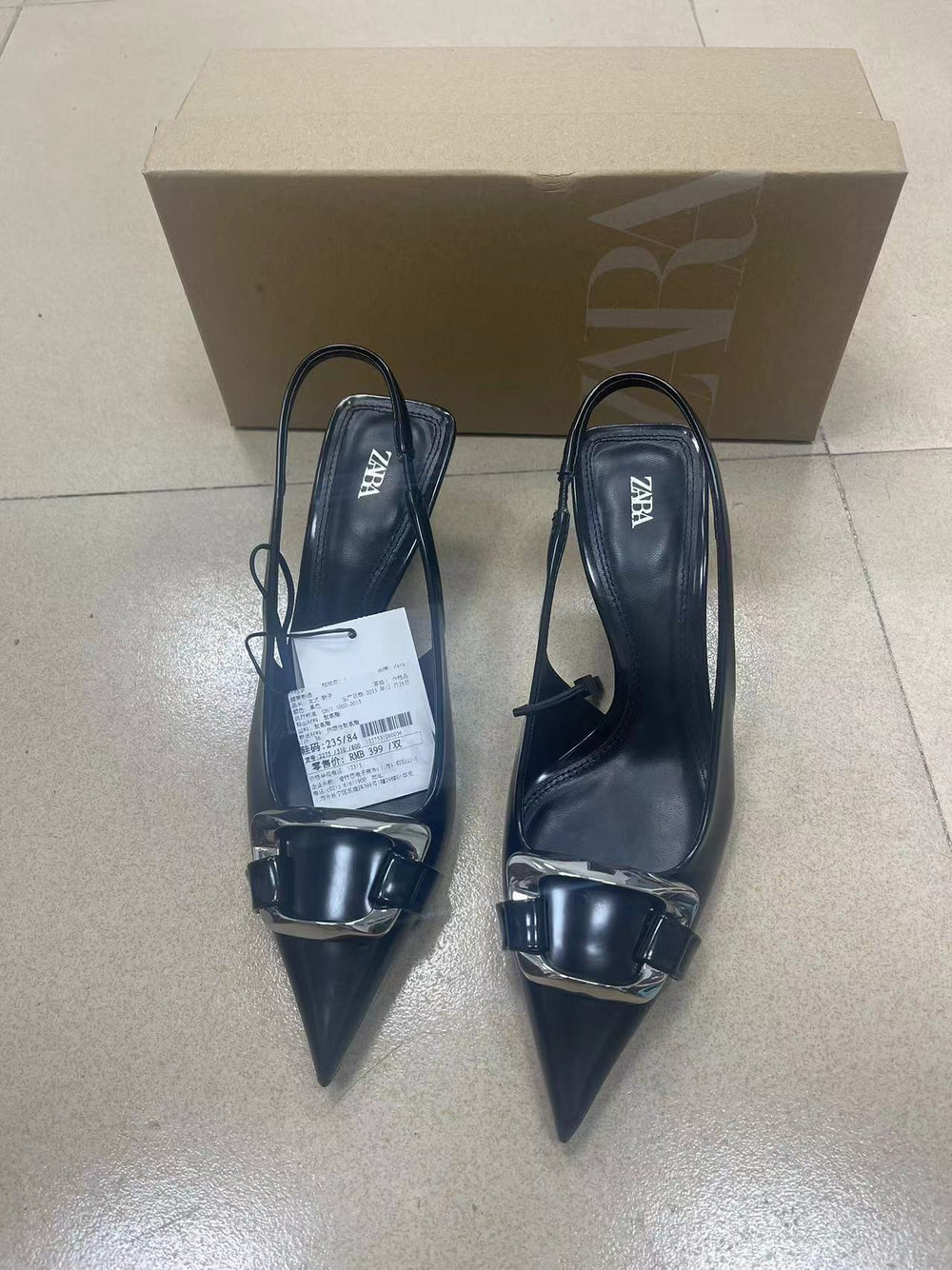 Za2024 summer new square buckle decorated stiletto sandals - black pointed toe back strap casual everyday sandals