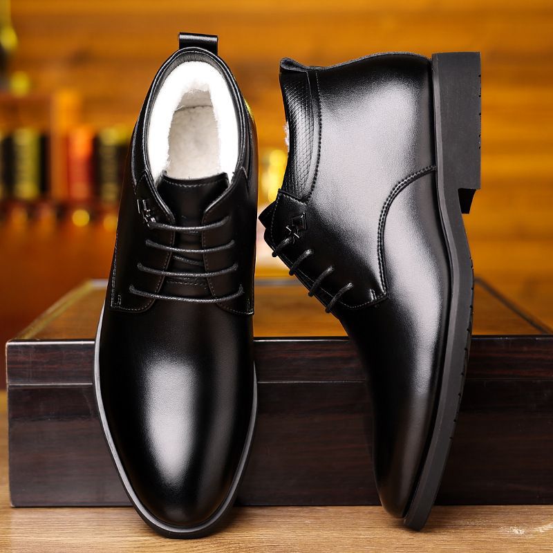Men's winter cotton shoes, fleece-lined warm thickened leather boots, thick fleece fur integrated boots, business soft leather high-top shoes