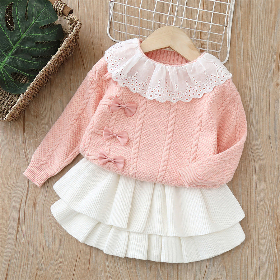 Dropshipping  autumn new girls' sweater two-piece set - sweet & chic bow detail