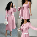 European and american cross-border  sakura pink chanel-inspired two-piece women's outfit: round neck a-line midi skirt with ruffle trim dress