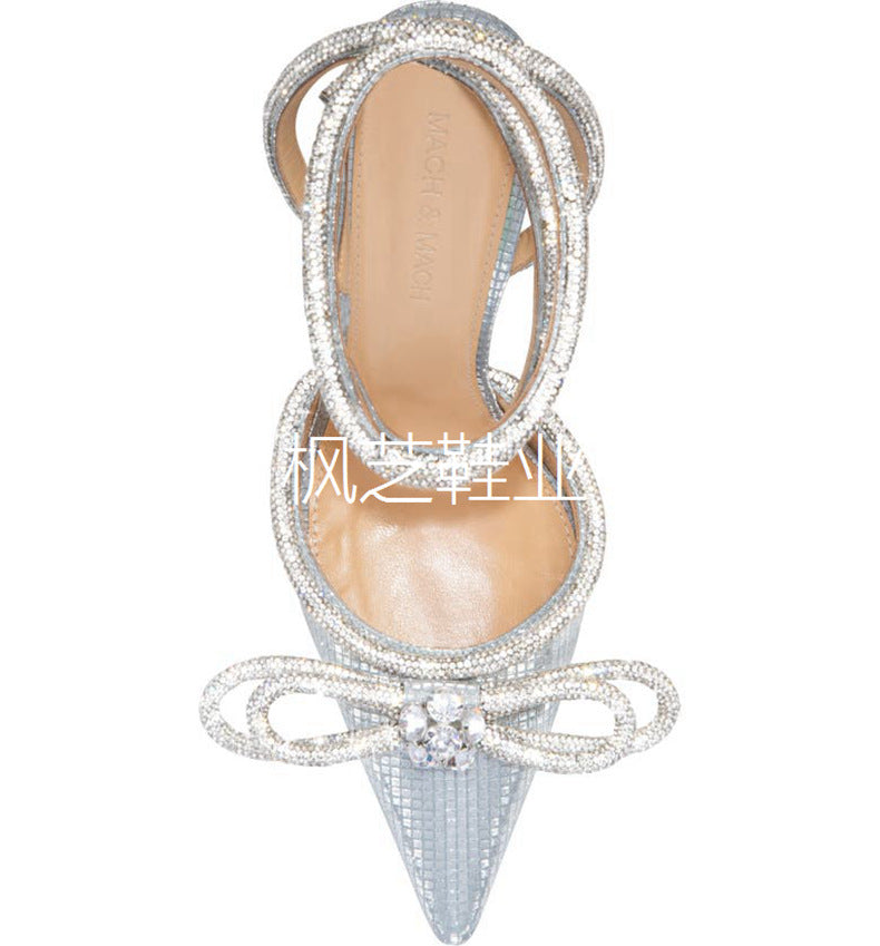 2026 european and american strappy high heel sandals, stiletto heel with bow detail, closed-toe high heels, pointed toe fashion custom pointed stiletto heels