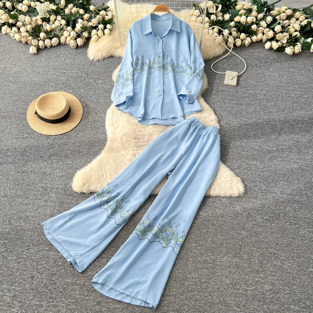 High-end embroidered floral shirt and wide-leg pants set - elegant two-piece outfit for women, new spring collection, commute-friendly, stylish and versatile