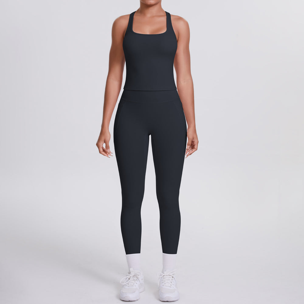 Naked-feel, form-fitting yoga set featuring a racerback design, high-waisted leggings with butt-lifting effect, and pockets. perfect for outdoor activities, casual wear, running, and gym workouts