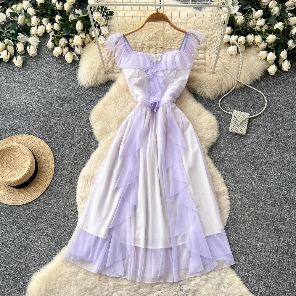 French sweet bowknot camisole dress - women's summer ruffle backless a-line dress - slimming, elegant, vacation style