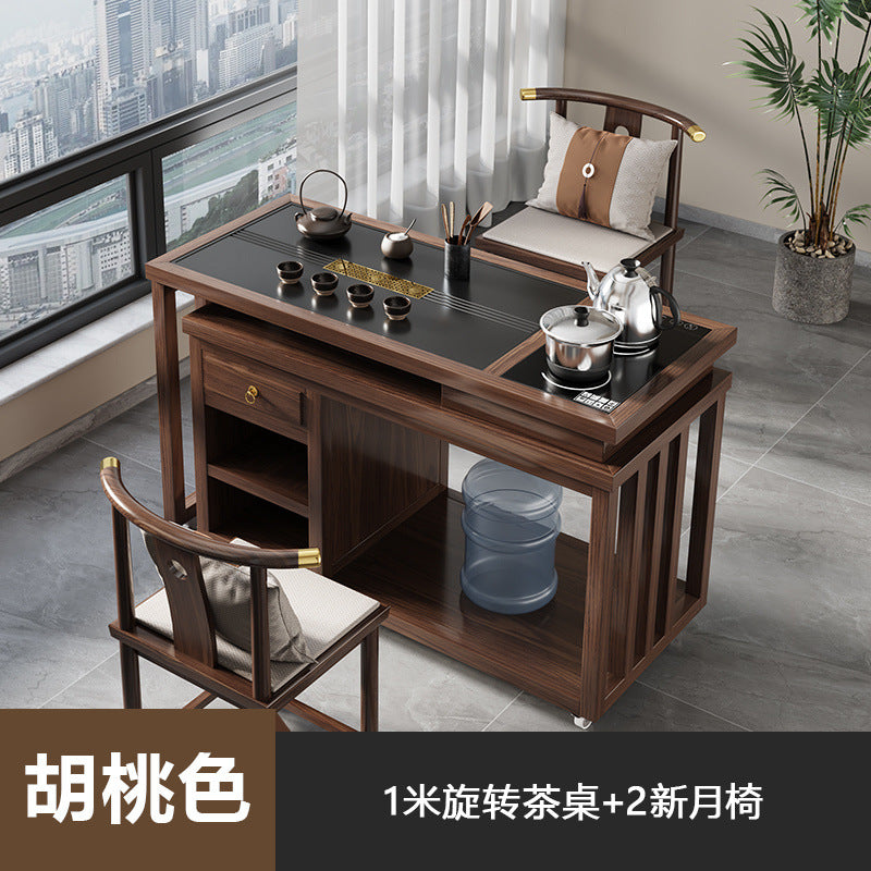 New chinoiserie solid wood tea table rotate table and chair complete set of water kettle all-in-one tea table balcony living room small apartment coffee table