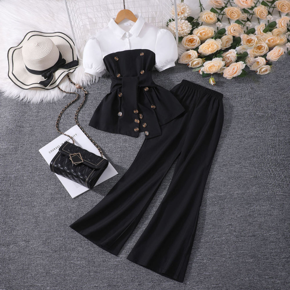 Girls' outfit set: white and brown color block collared top + wide leg flare pants fashion set