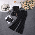 Girls' outfit set: white and brown color block collared top + wide leg flare pants fashion set