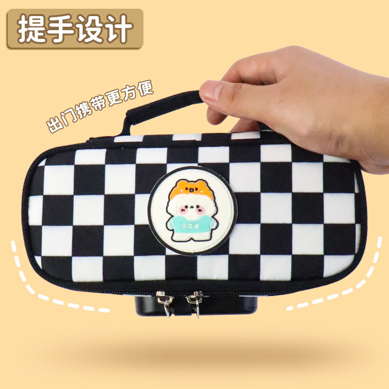 Customized pencil case large capacity Oxford cloth checkerboard combination lock stationery box   wholesale can print logo