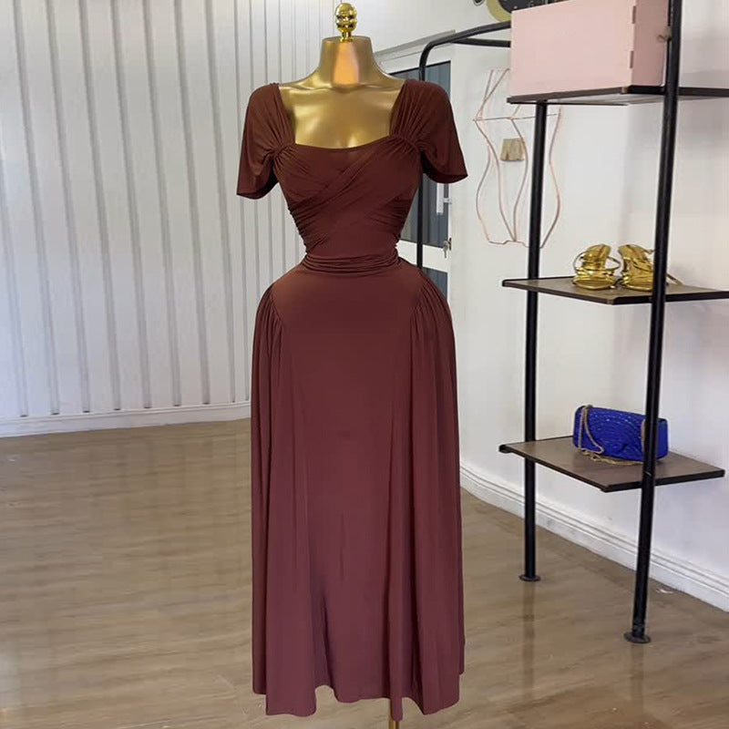 European and american cross-border women's fashion:  summer new arrival - elegant solid color square neck high-waisted a-line short sleeve midi dress