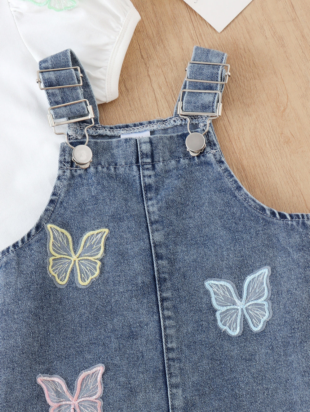 Children's clothing cross-border european and american girls white short-sleeved t-shirt + blue suspender skirt two-piece set
