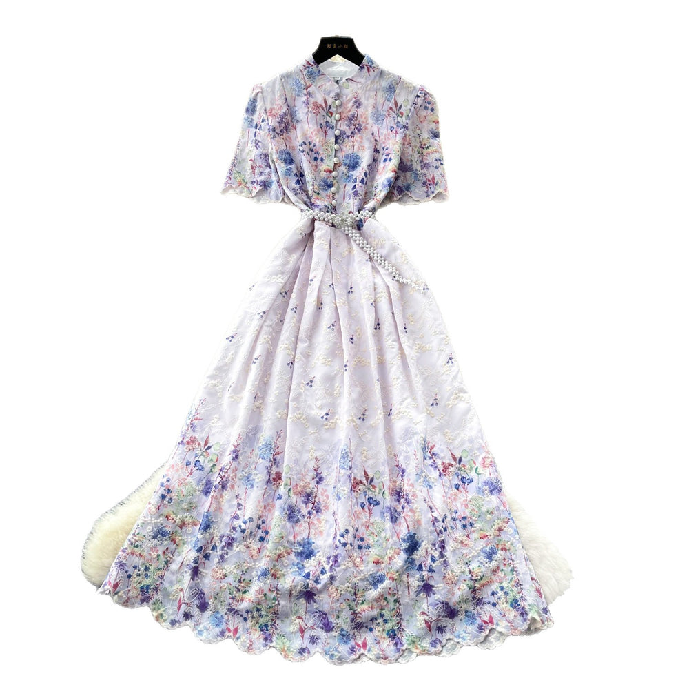Vintage floral hollow-out short sleeve lace embroidery dress - women's summer high-waisted a-line maxi dress - slimming and elegant
