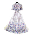 Vintage floral hollow-out short sleeve lace embroidery dress - women's summer high-waisted a-line maxi dress - slimming and elegant