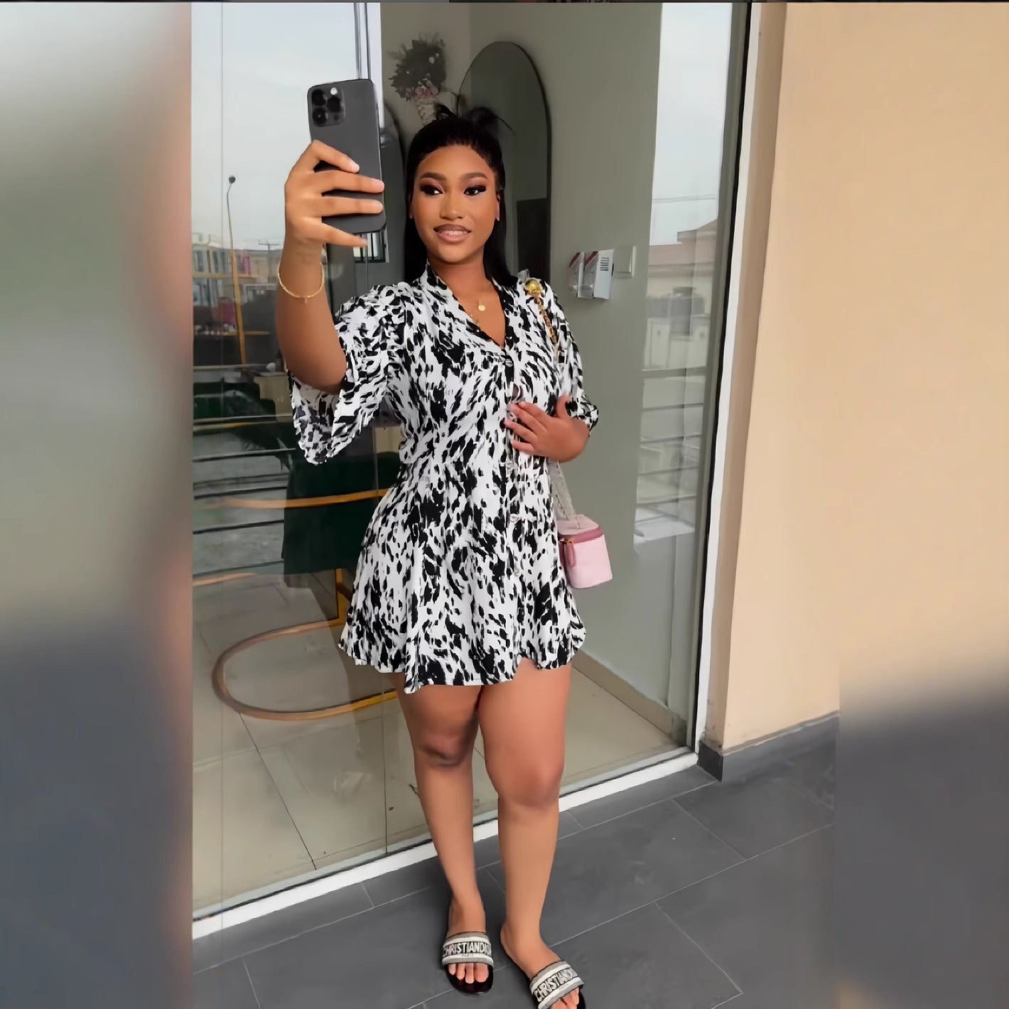 European and American  women's clothing 2024 autumn and winter new short-sleeved V-neck strap printed single-breasted cardigan dress