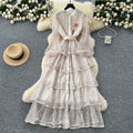 French chic luxury beaded floral tie-waist lantern sleeve single-breasted lace ruffle dress