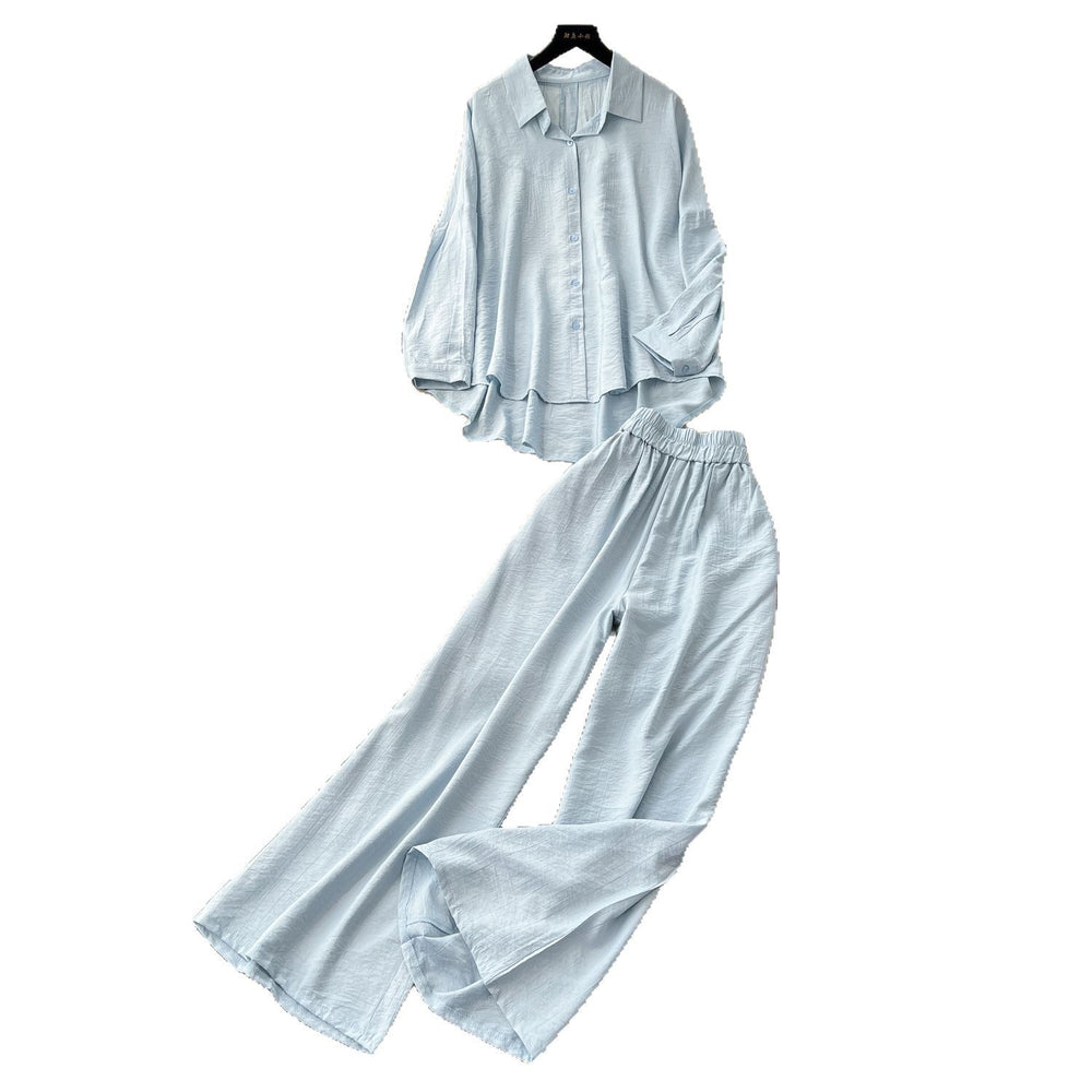 Casual fashionablesuit women's lazy style sense of designasymmetricallong sleevesshirthigh waistloose pantsstraight-leg pantstwo-piece set