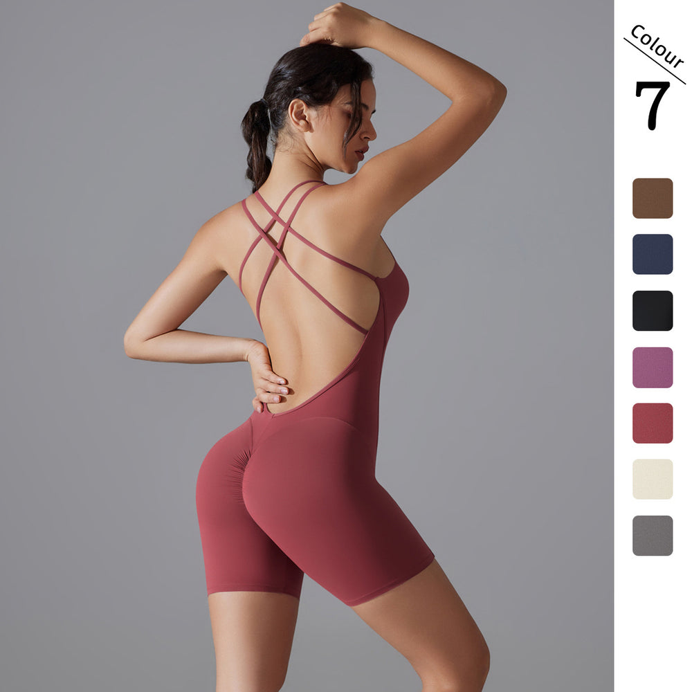 fashion butt lift high elastic tight fitness sports yoga wear cross back no embarrassing line shorts jumpsuit