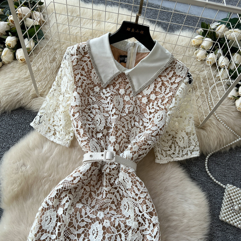 Elegant lace collar dress - women's summer slimming fishtail maxi dress with short sleeves, perfect for work - apricot