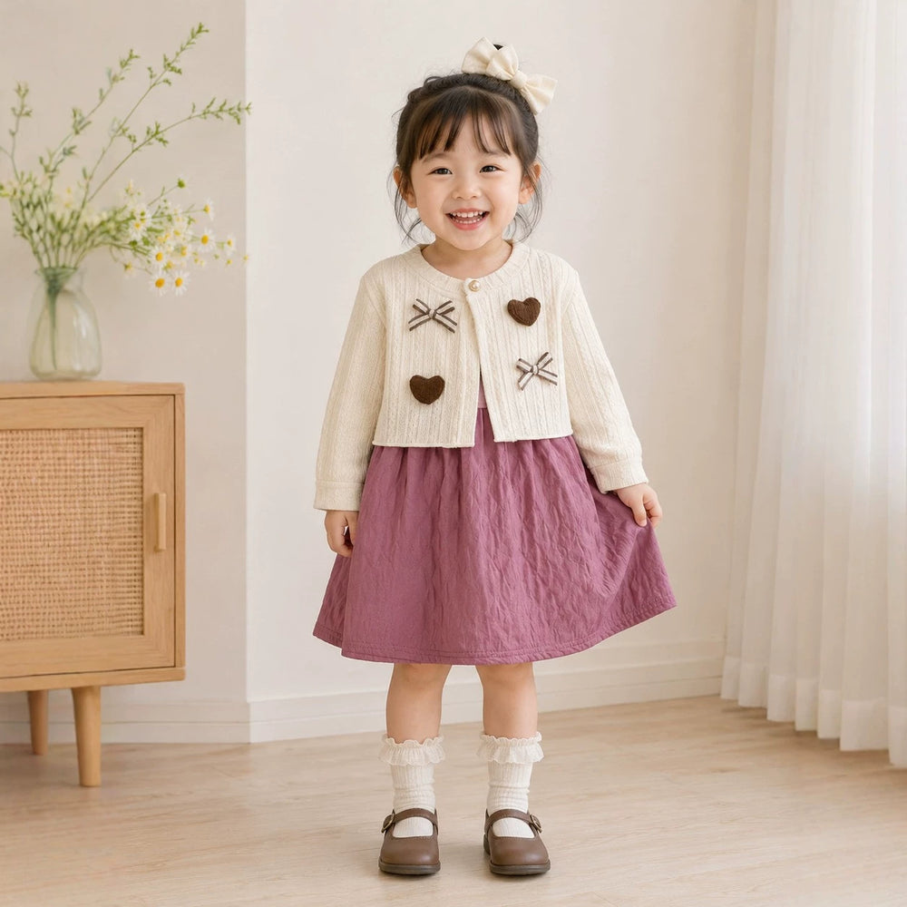 Girls' heart-shaped bow dress,  spring/autumn korean style, toddler cartoon cute dress, baby dress