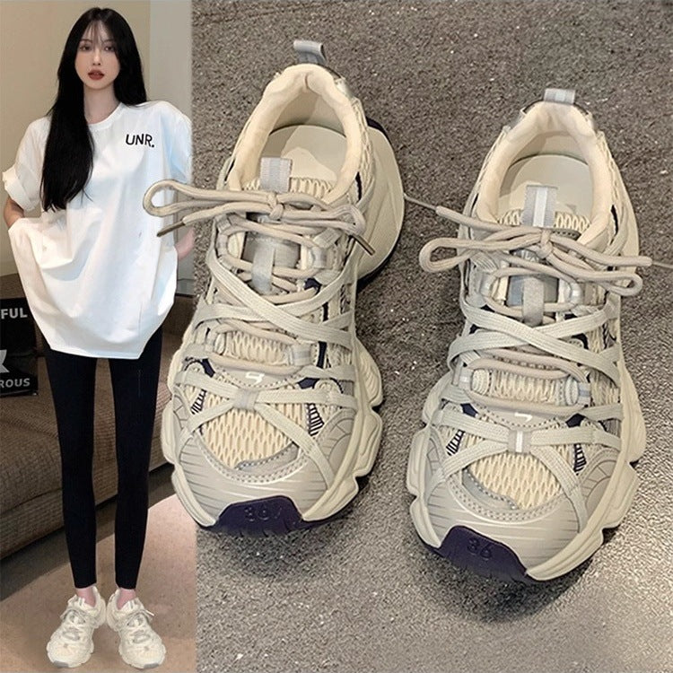 European station mesh thick sole dad shoes women's 2026 spring new arrival height increasing breathable round toe niche sports casual shoes