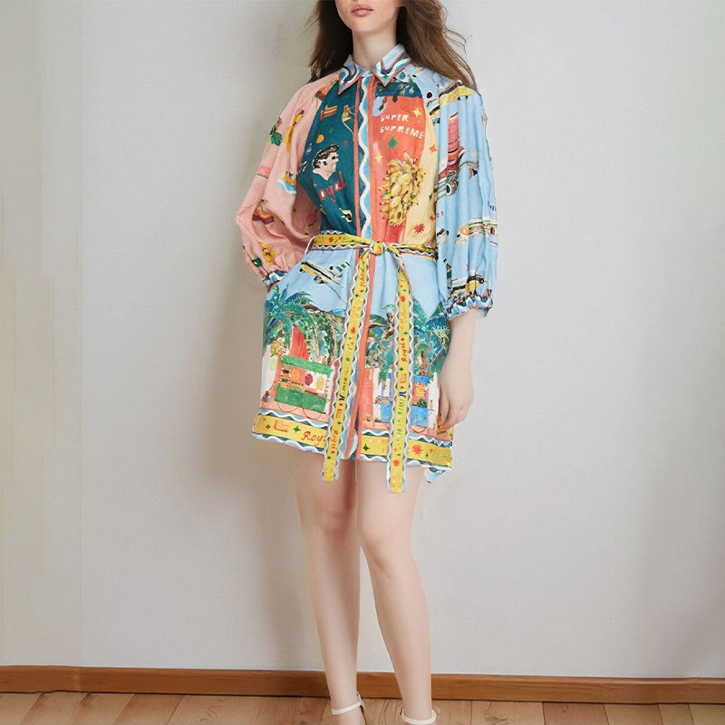 cross-border  women's clothing: summer new linen casual printed shirt cardigan tie-up dress for women