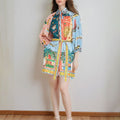 cross-border  women's clothing: summer new linen casual printed shirt cardigan tie-up dress for women
