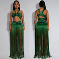C7438 cross-border   fashion women's sexy strappy top and tassel maxi skirt two-piece set