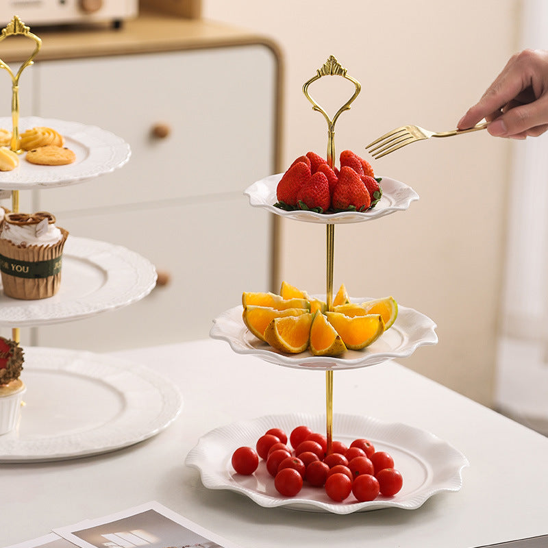 European-style embossed ceramic double-layer serving tray - perfect for home, snacks, desserts, cakes, creative wedding decor, living room, and pastry presentation