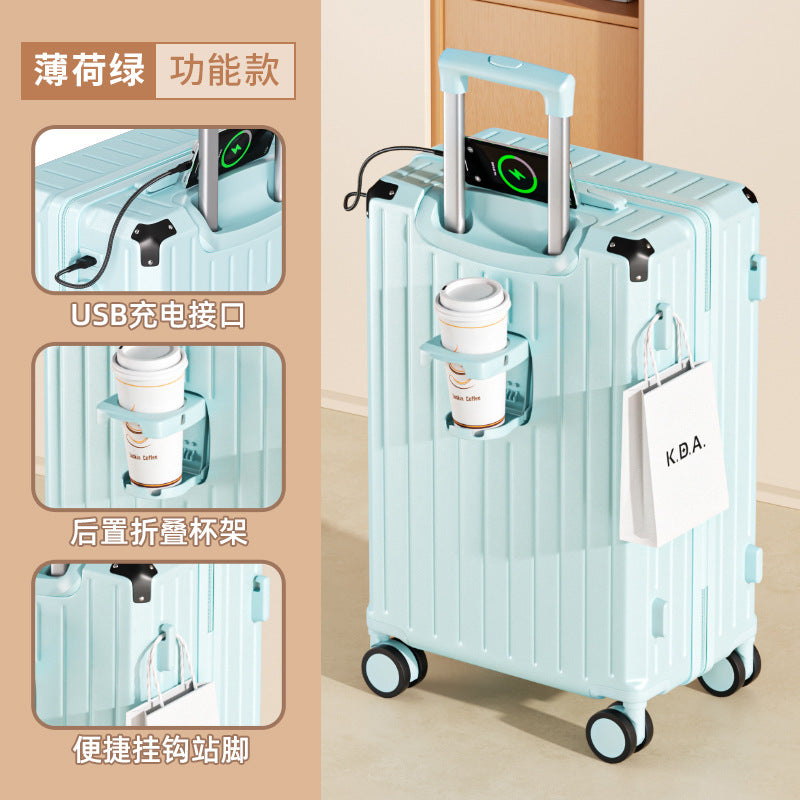 Luggage 24-inch multi-functional suitcase with cup holder, strong and durable trolley case 20-inch password box, large capacity