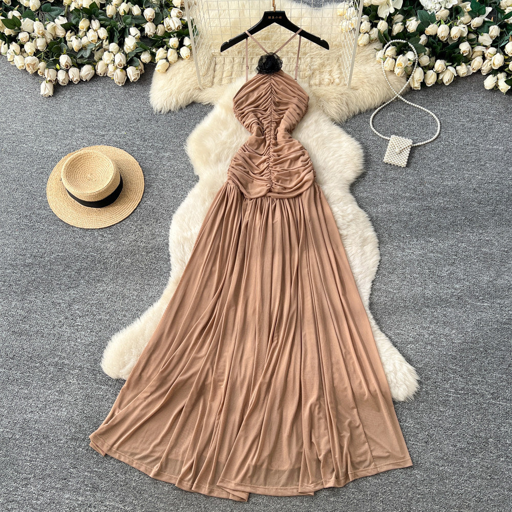 European and american fashionable socialite style halter dress - women's irregular pleated slimming beach maxi dress