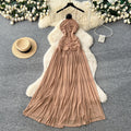 European and american fashionable socialite style halter dress - women's irregular pleated slimming beach maxi dress