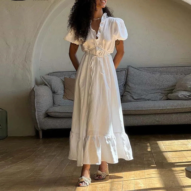 European and american style women's foreign trade dresses - summer women's dresses, fashionable casual versatile solid color v-neck waist-cinching maxi dress