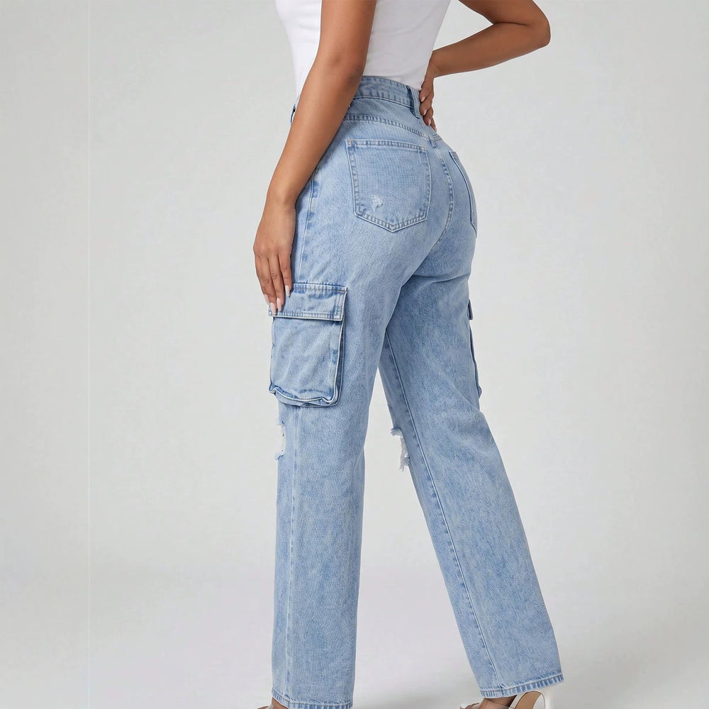 European and american style women's high-waisted distressed denim cargo pants - vintage washed straight leg jeans, american trendy women's denim trousers