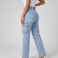 European and american style women's high-waisted distressed denim cargo pants - vintage washed straight leg jeans, american trendy women's denim trousers