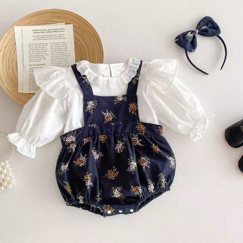 Floral print baby doll shirt & suspender pants set - korean style long sleeve autumn outfit (2-piece)