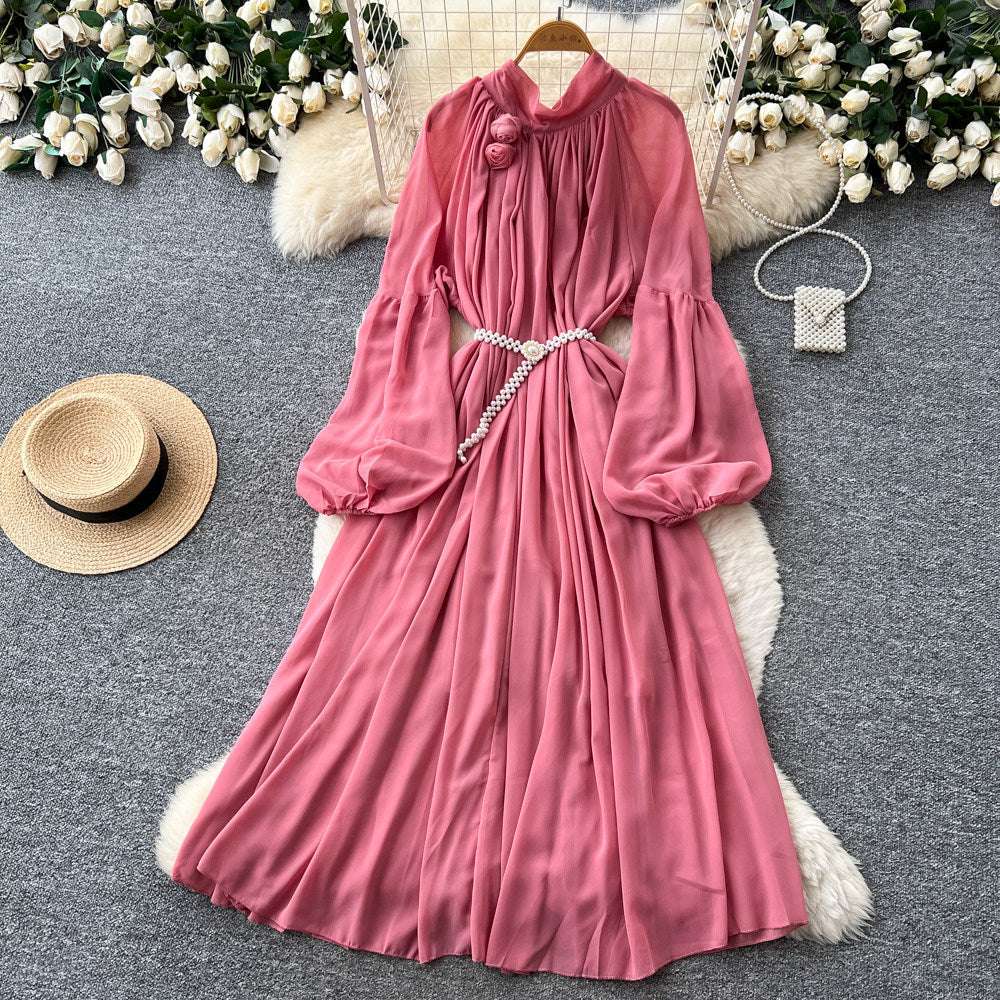 French heavy industry lantern sleeve silm dress for women k-style purple tie back waist a-line long skirt work clothingelegant